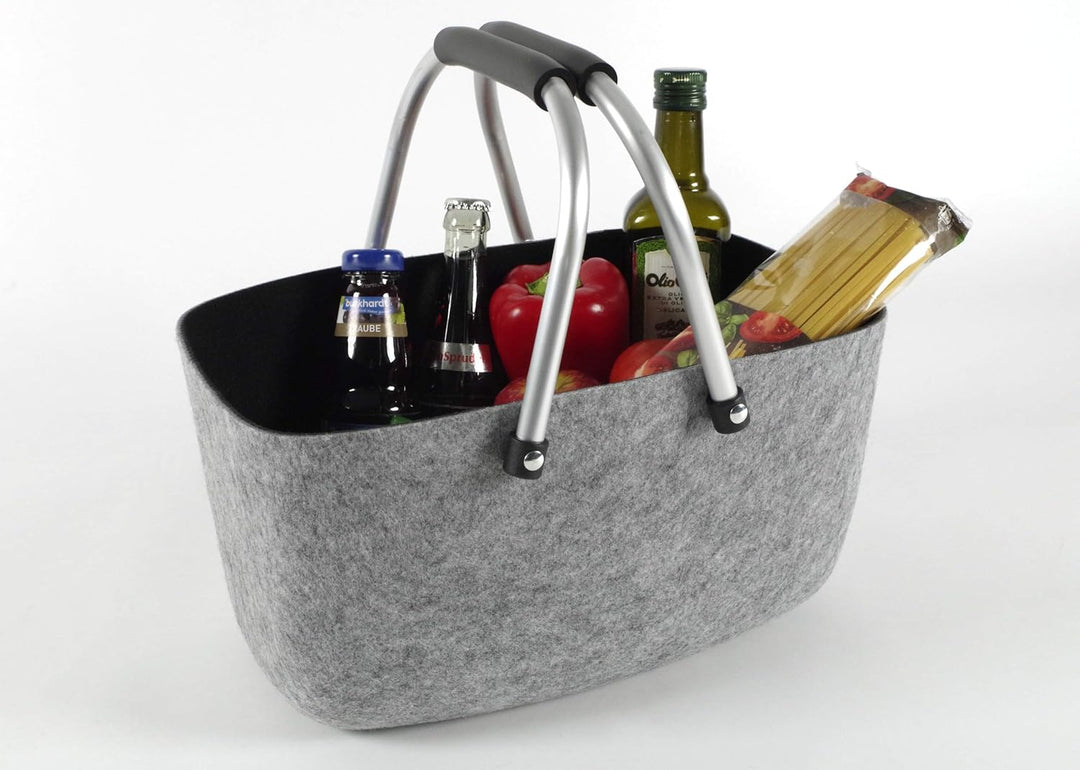 Kobolo Filzkorb grau-schwarz mit Aluhenkeln, 36x22x18 cm, Filztasche, Einkaufskorb, Tragekorb robust