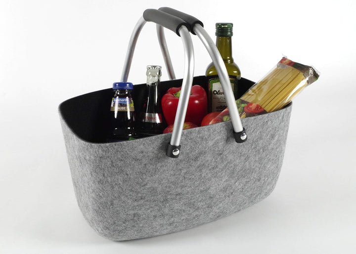 Kobolo Filzkorb grau-schwarz mit Aluhenkeln, 36x22x18 cm, Filztasche, Einkaufskorb, Tragekorb robust
