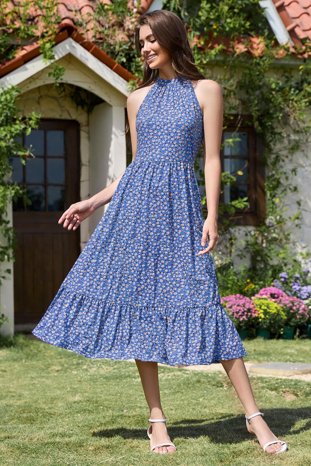 STYLEWORD Damen Neckholder Elegant Sommerkleid Ärmellos Blumenkleid Maxikleid Lange Strandkleid S Bl