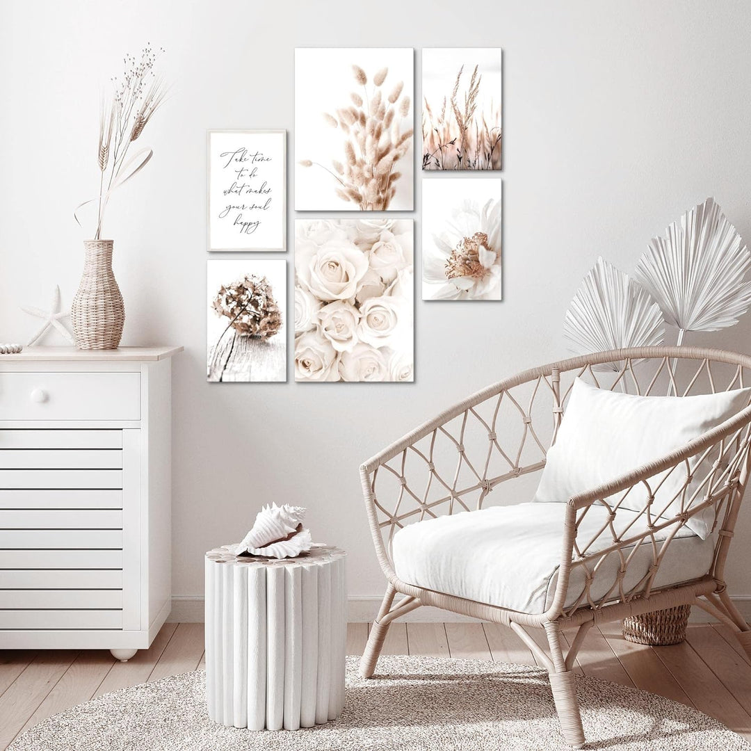 Novart Bilder Set - AUFHÄNGFERTIG - KEIN EXTRA RAHMEN BENÖTIGT - Boho Blumen Modern Beige - Wohnzimm