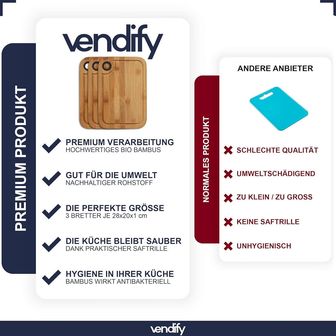 vendify® Bambus Frühstücksbrettchen 3er-Set & 6x Steakmesser - 3x Schneidebrett 28x20 cm - Antibakte