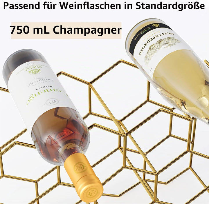 Urban Deco Weinregal für 14 Flaschen aus Metall, Flaschenregal Gold mit 2 Haken für 2 Weingläser, We