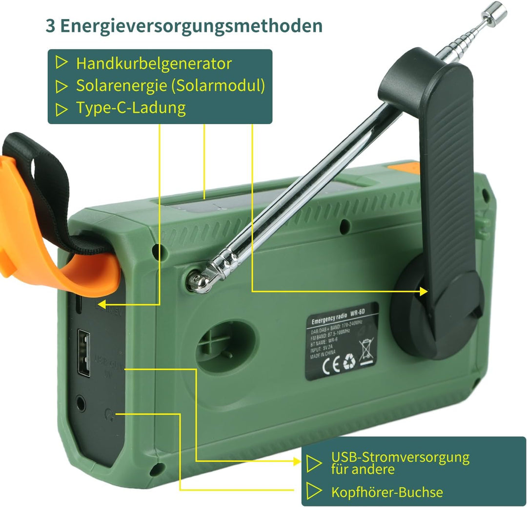 Notfallradio, Kurbelradio, FM/DAB+/DAB tragbares Solarradio mit 4000mAh Powerbank, Telefon-Ladegerät