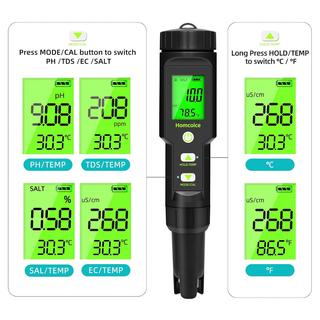 Homcoice PH Messgerät 5 in 1 Salzgehalt TDS EC Temperatur pH Tester Acqua IP67 Wasserdicht 0,01 hoch