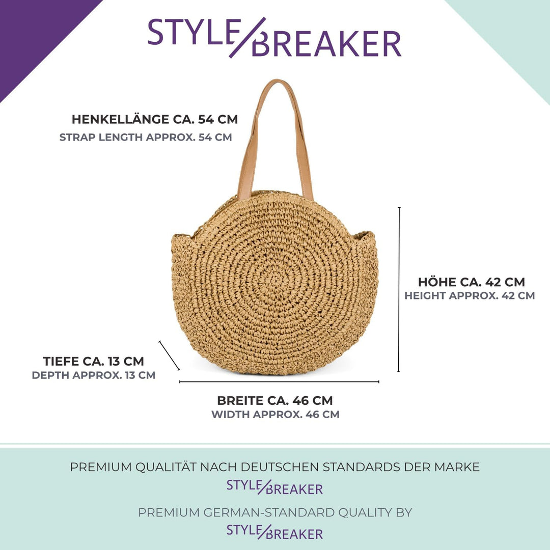 styleBREAKER runde Korbflecht Schultertasche, Strandtasche mit langen Henkeln, Flechttasche, Tasche