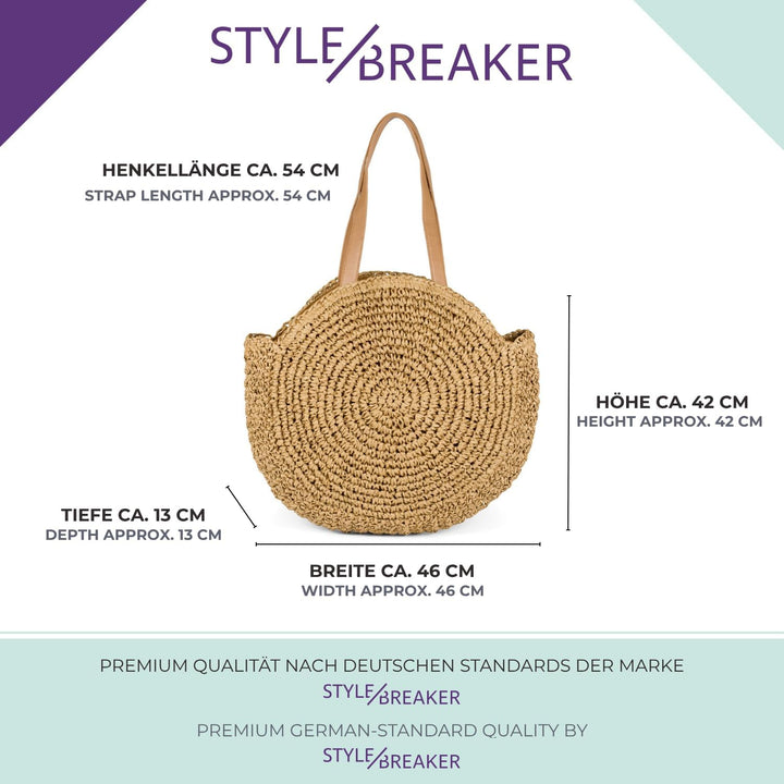 styleBREAKER runde Korbflecht Schultertasche, Strandtasche mit langen Henkeln, Flechttasche, Tasche