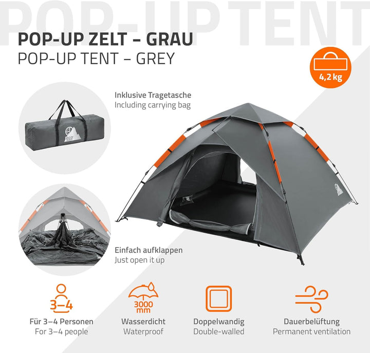 ECD Germany Pop-Up Zelt wasserdicht 4 Personen, Camping Zelt Outdoor, Schnellaufbau Wurfzelt Winddic