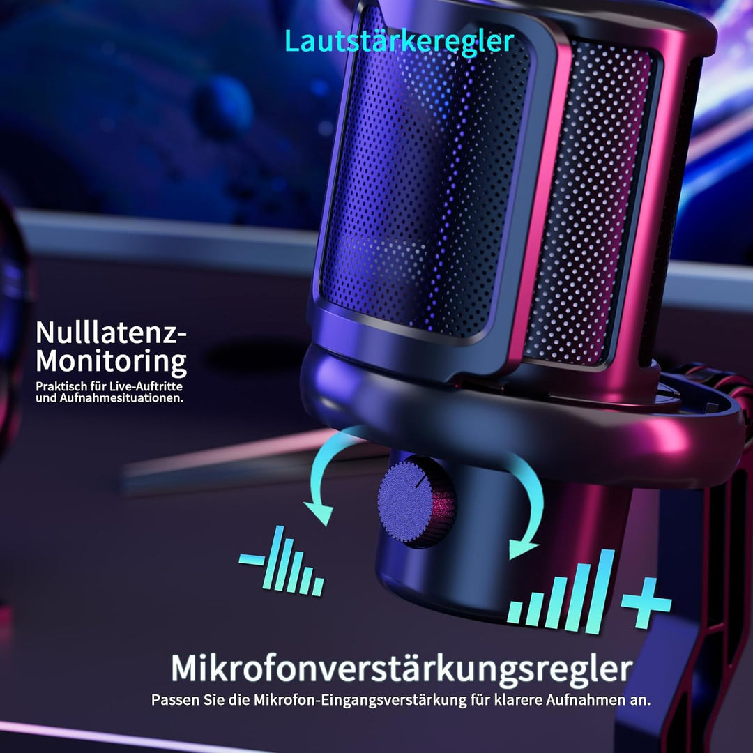K KASONIC Gaming Mikrofon mit RGB-Beleuchtung, USB Kondensatormikrofon mit Pop-Filter für PC, Schnel