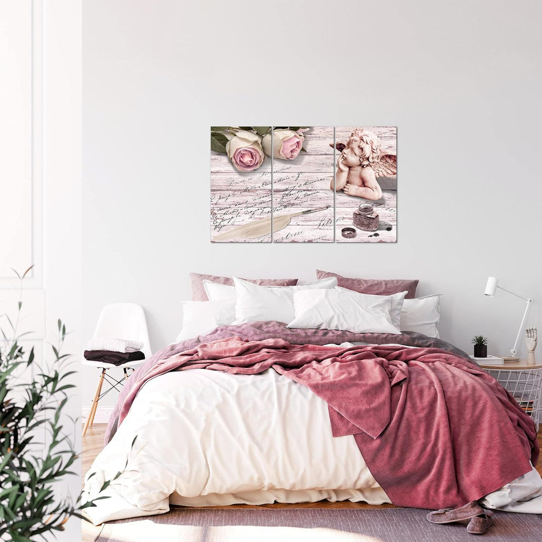Runa Art Wandbilder Engel Blumen Bild XXL Wohnzimmer Schlafzimmer Rosa Grau Vintage 120 x 80 cm 3 Te