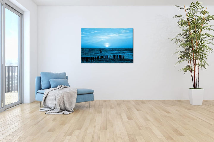 Sonnenuntergang an der Ostsee Format 80x60 Effekt: Monocrome Blau als Leinwandbild, Motiv fertig ger