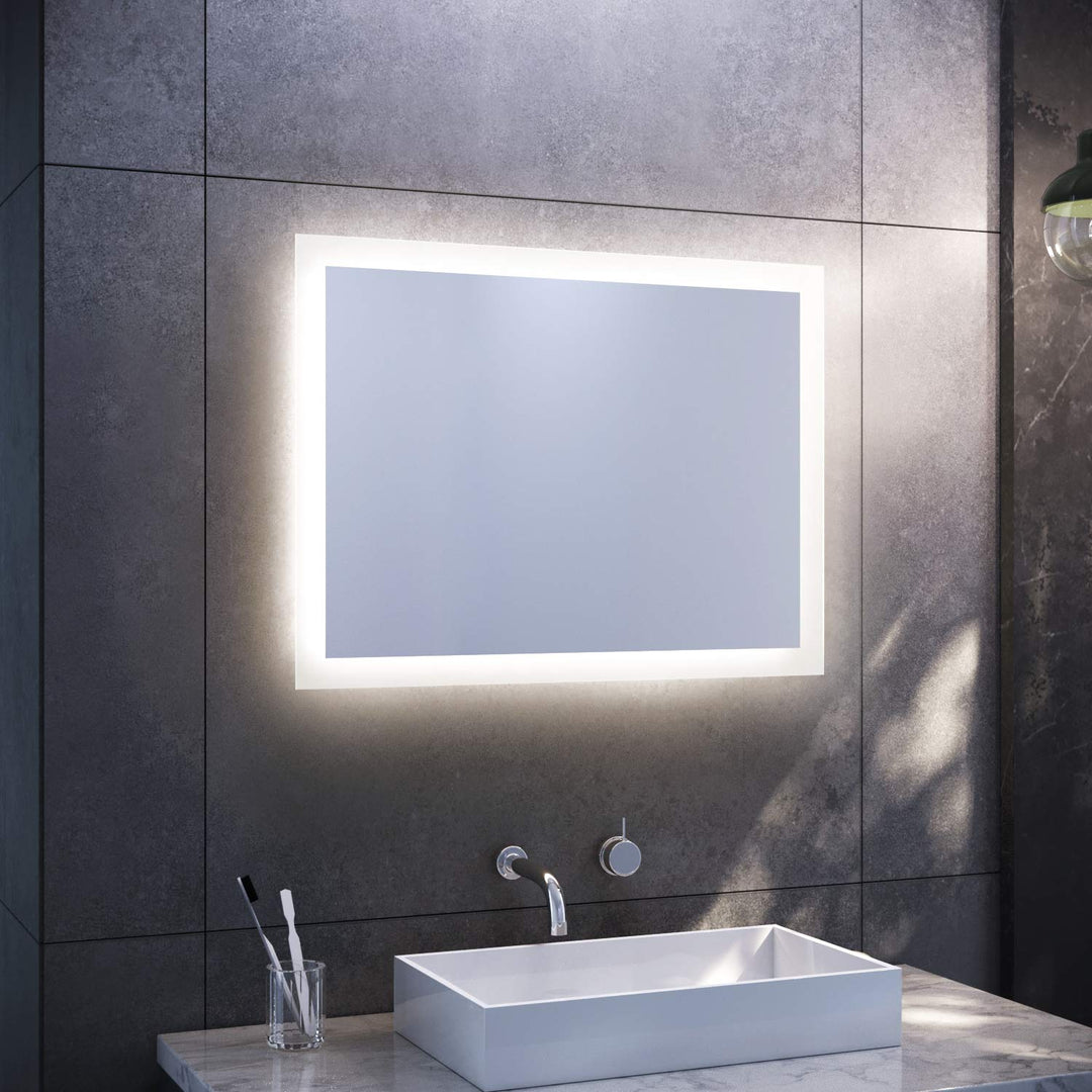 SONNI Badspiegel mit LED-Beleuchtung 80×60 cm Warmweiss Wandschalter Badezimmerspiegel Wandspiegel I