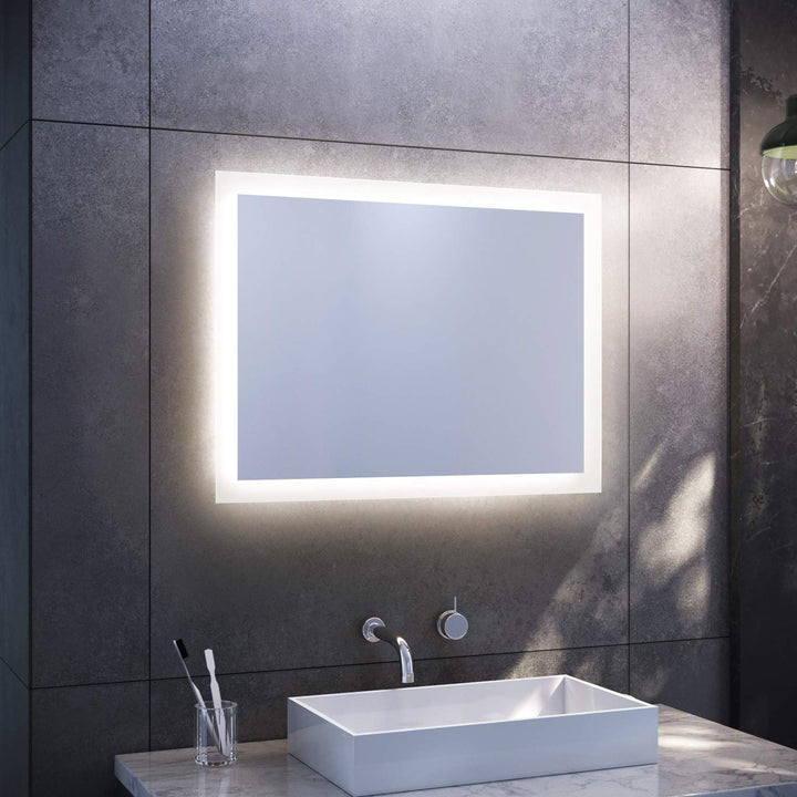 SONNI Badspiegel mit LED-Beleuchtung 80×60 cm Warmweiss Wandschalter Badezimmerspiegel Wandspiegel I