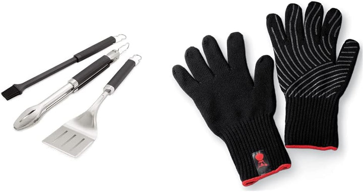 Weber 6764 Premium Grillbesteck 3-teilig, bestehend aus Grillzange & 6670 Premium Handschuhe, Grösse