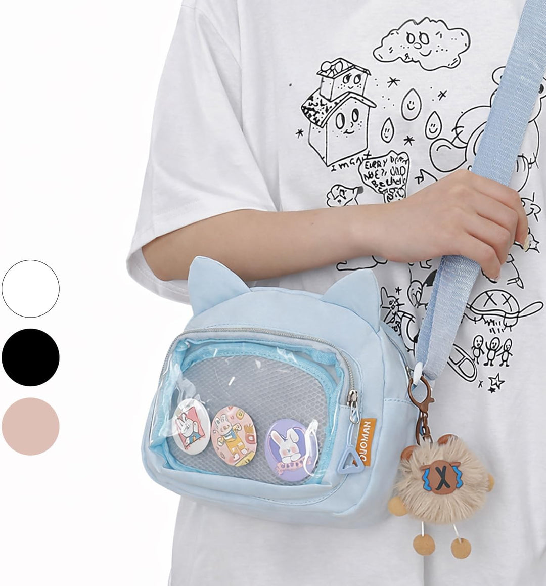 Kleine Ita Messenger Tasche für Damen, Kawaii Crossbody Tasche mit transparentem Pins Display-Fenste