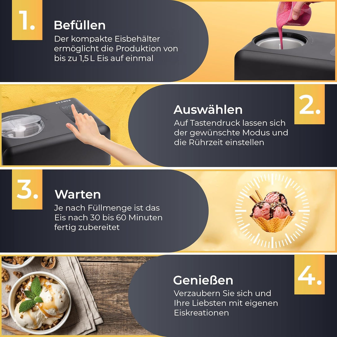 KLAMER 3-in-1 Eismaschine, Slush Maschine & Joghurtbereiter 1,5 L, 150 W Eiscrememaschine aus Edelst
