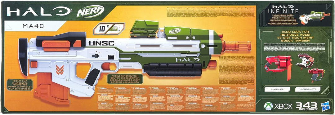 Nerf Halo MA40 motorisierter Dart Blaster – enthält abnehmbares 10-Dart Clip-Magazin, 10 Nerf Elite