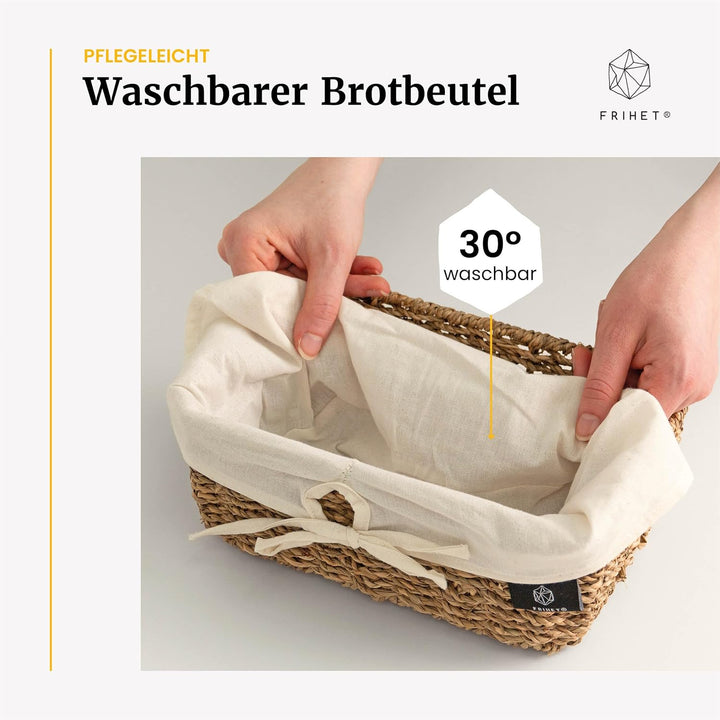FRIHET eckiger Brotkorb aus Seegras | Rustikale Brotkörbchen mit Stoff im Scandi Style | geflochtene