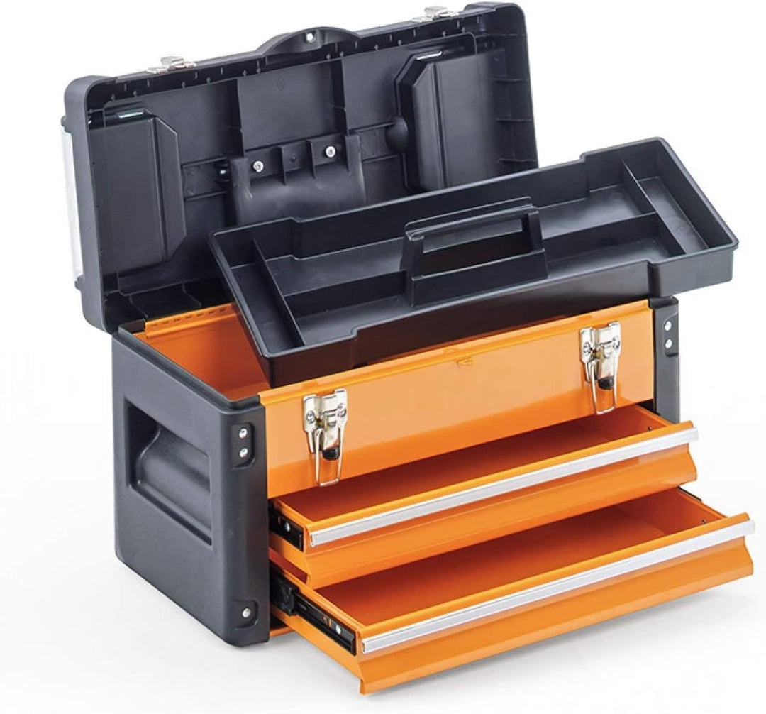 Werkzeugkiste mit 2 Schubladen und Deckel - orange/schwarz