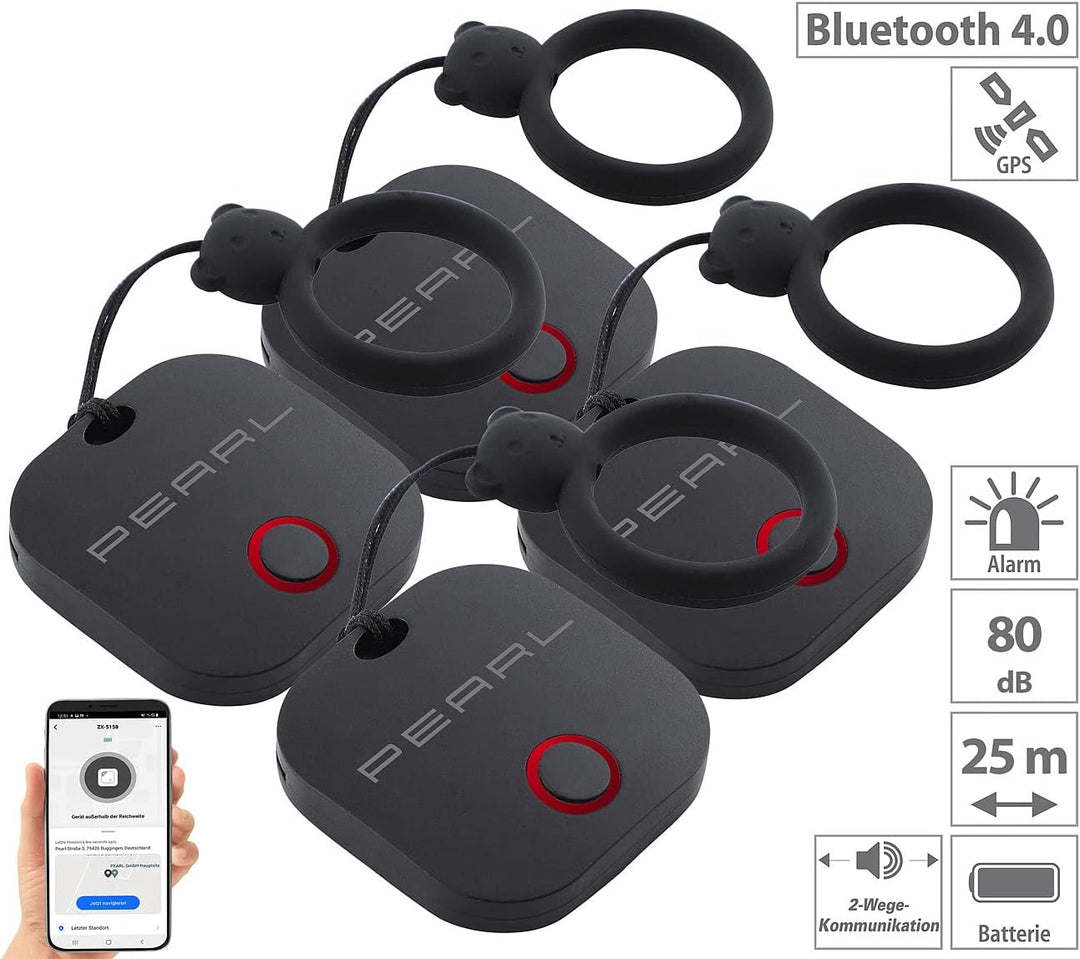 PEARL GPS Tracker: 4in1-Mini-Schlüsselfinder m. BT, App & GPS-Ortung, 80 dB, 4er-Set (Tracker, Bluet