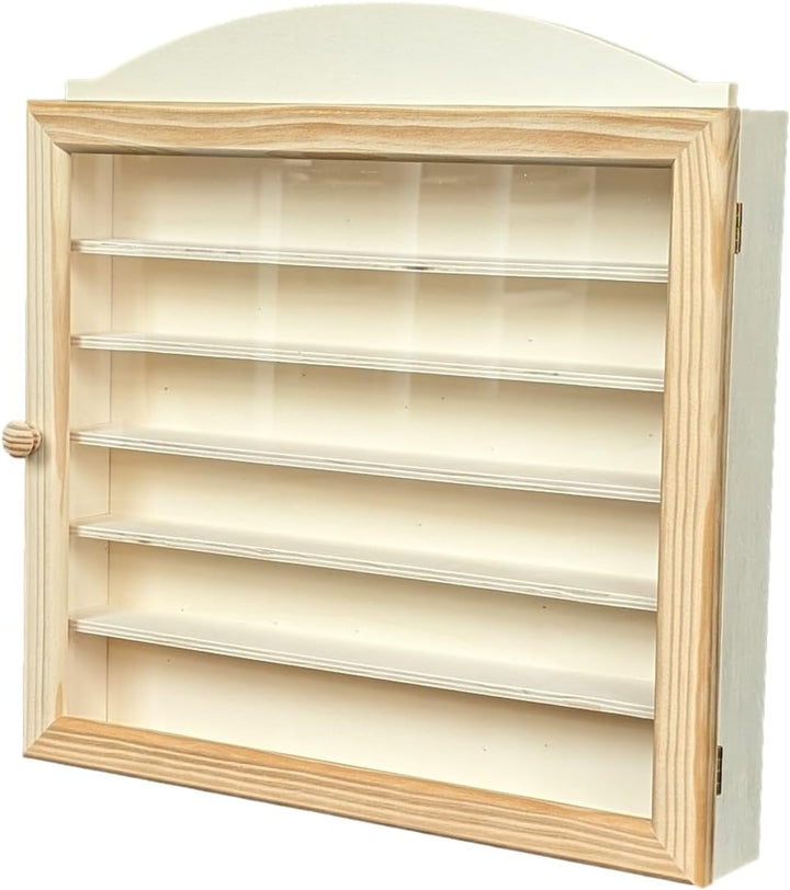 Vitrine hölzerne. Naturholz, zum Bemalen. Masse (Breite/Boden/Höhe): 40 * 6,5 * 40 cm.