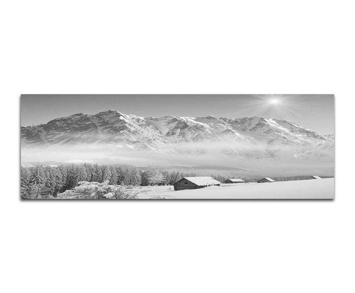 Paul Sinus Art Leinwandfoto als Panorama SCHWARZ/Weiss 150x50cm Winterlandschaft Berge Wald Häuser S