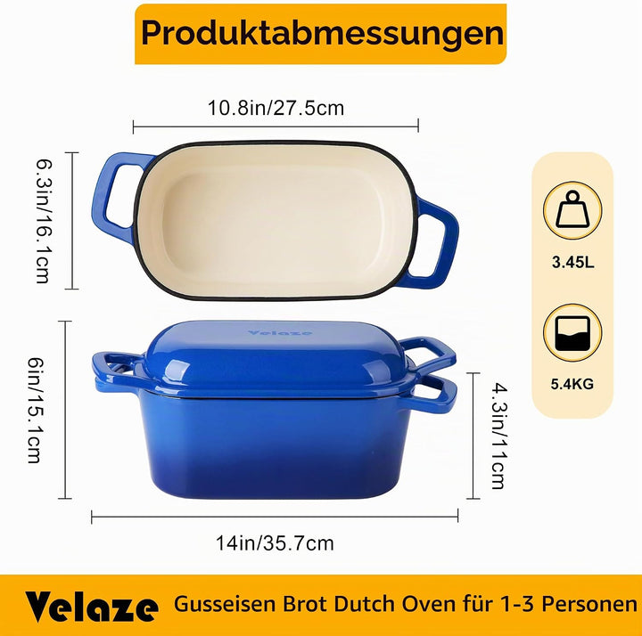Velaze Gusseisen Topf 3,45L, 28cm Gusseisen Bräter mit Deckel – Quadrat Schmortopf mit Deckel Backof
