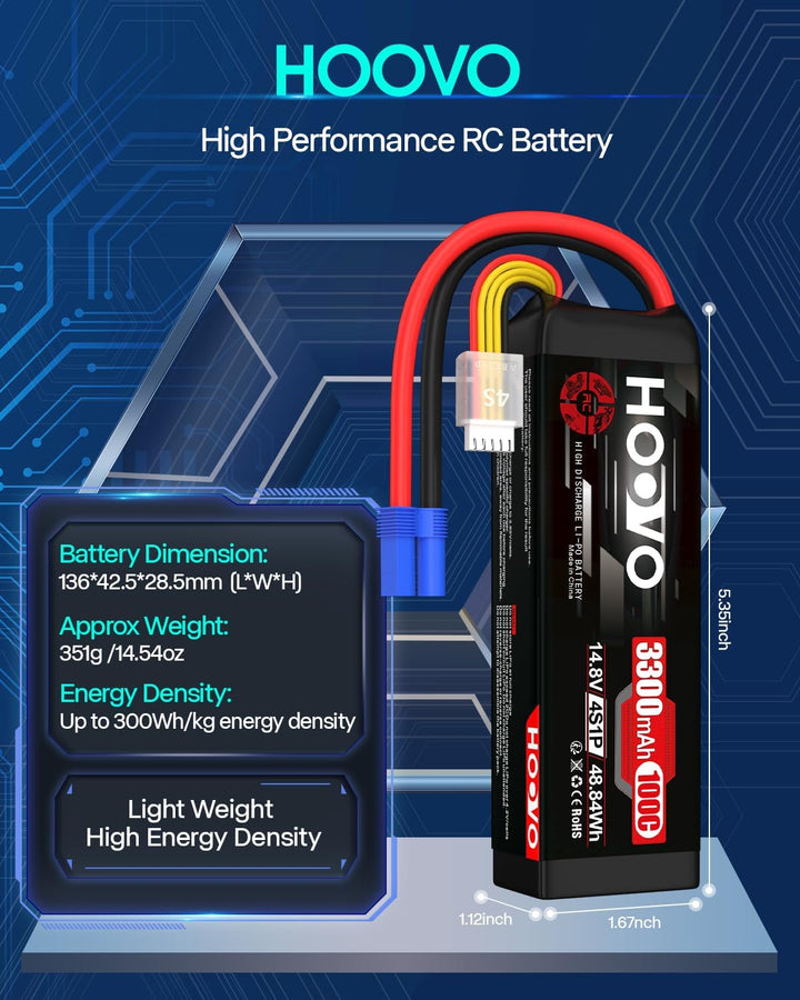 HOOVO 4S Lipo Akku 14,8V 3300mAh 100C RC Battery Softcase mit EC5 Stecker für RC Car Buggy Hubschrau