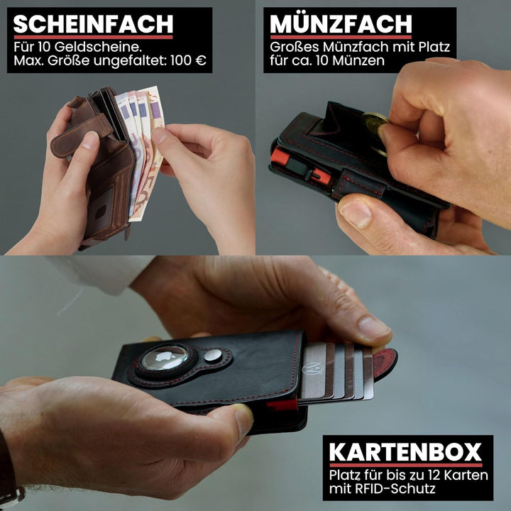 Will Fire® AirTag Wallet | Inkl. Airtag Anhänger | Leder Geldbörse mit Münz- &amp; Scheinfach | Extra ge