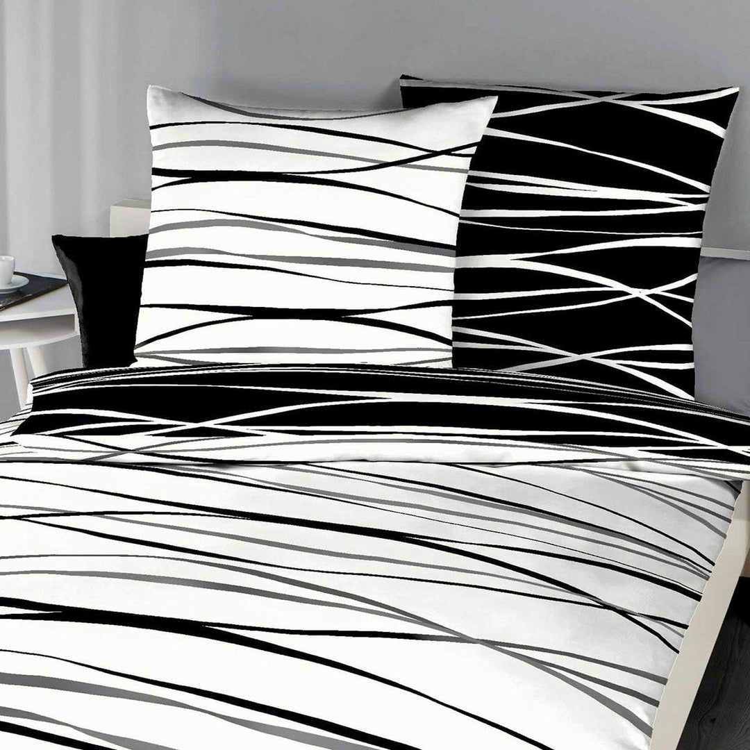 G BETTWARENSHOP Biber Bettwäsche Motion schwarz im modernen Stil aus 100% Baumwolle mit Reissverschl