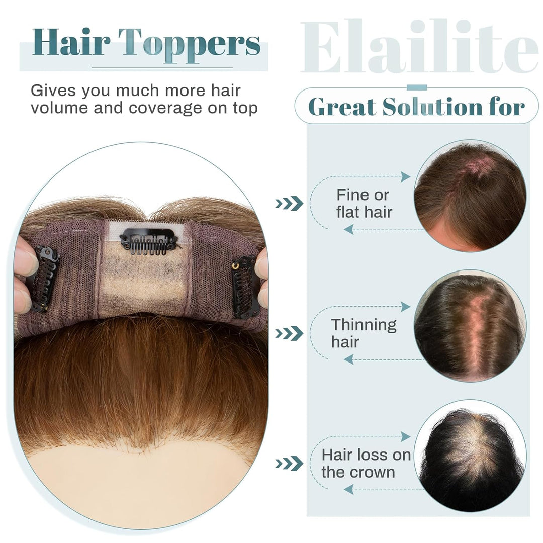 Elailite Clip in Toupet Frauen 30cm 40g, Topper Haarteil Echthaar, Seide Basis Clip in Hair Topper,
