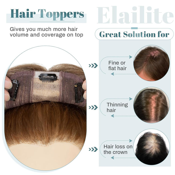 Elailite Clip in Toupet Frauen 30cm 40g, Topper Haarteil Echthaar, Seide Basis Clip in Hair Topper,