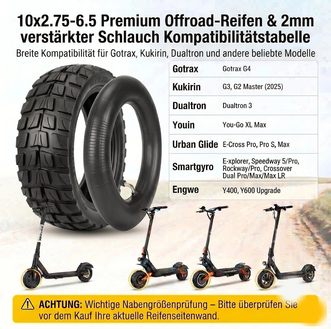10 Zoll 10x2.75-6.5 Offroad Reifen und 2mm Verdickter Schlauch, All-Terrain E-Scooter Ersatzreifen k