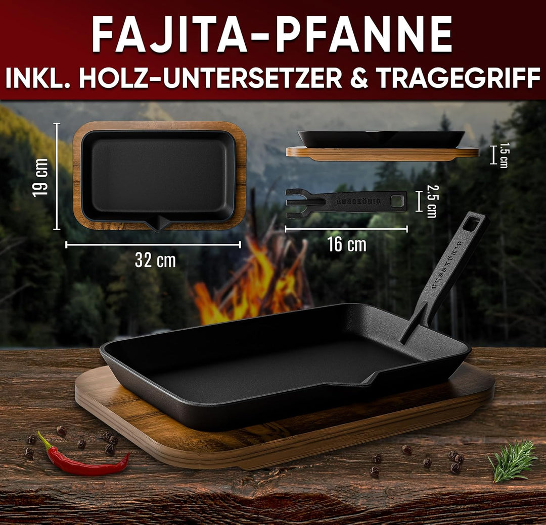 Fajita-Pfanne aus Gusseisen inkl. Sossenschale & Servierbrett aus Akazienholz - Gusseisen Grillpfann