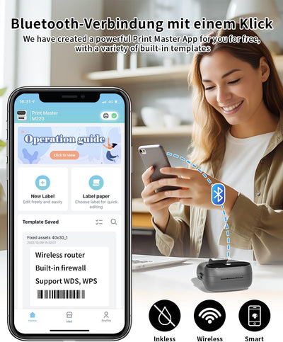 Phomemo M220 Bluetooth Etikettendrucker, Thermo Etikettendrucker Maschine Selbstklebend Beschriftung