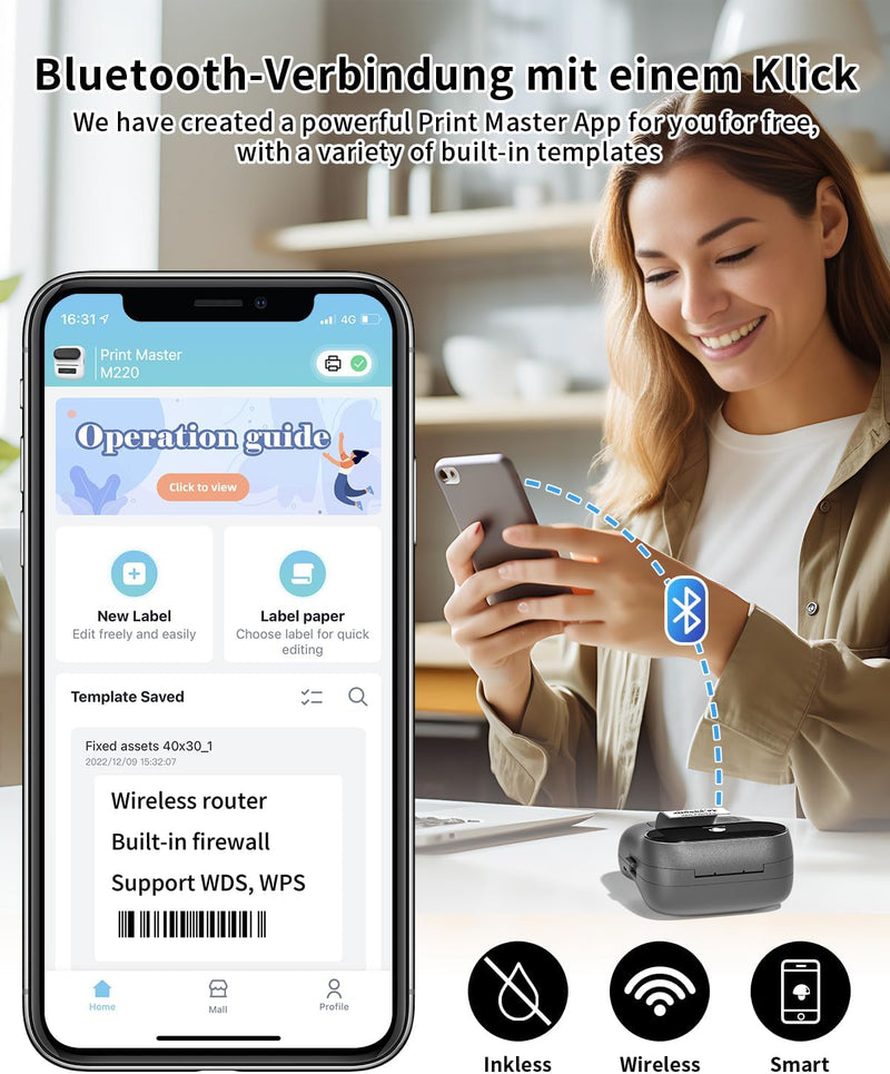 Phomemo M220 Etikettendrucker, Grauer Bluetooth Thermo-Etikettendrucker für Barcode, Adresse, Etiket