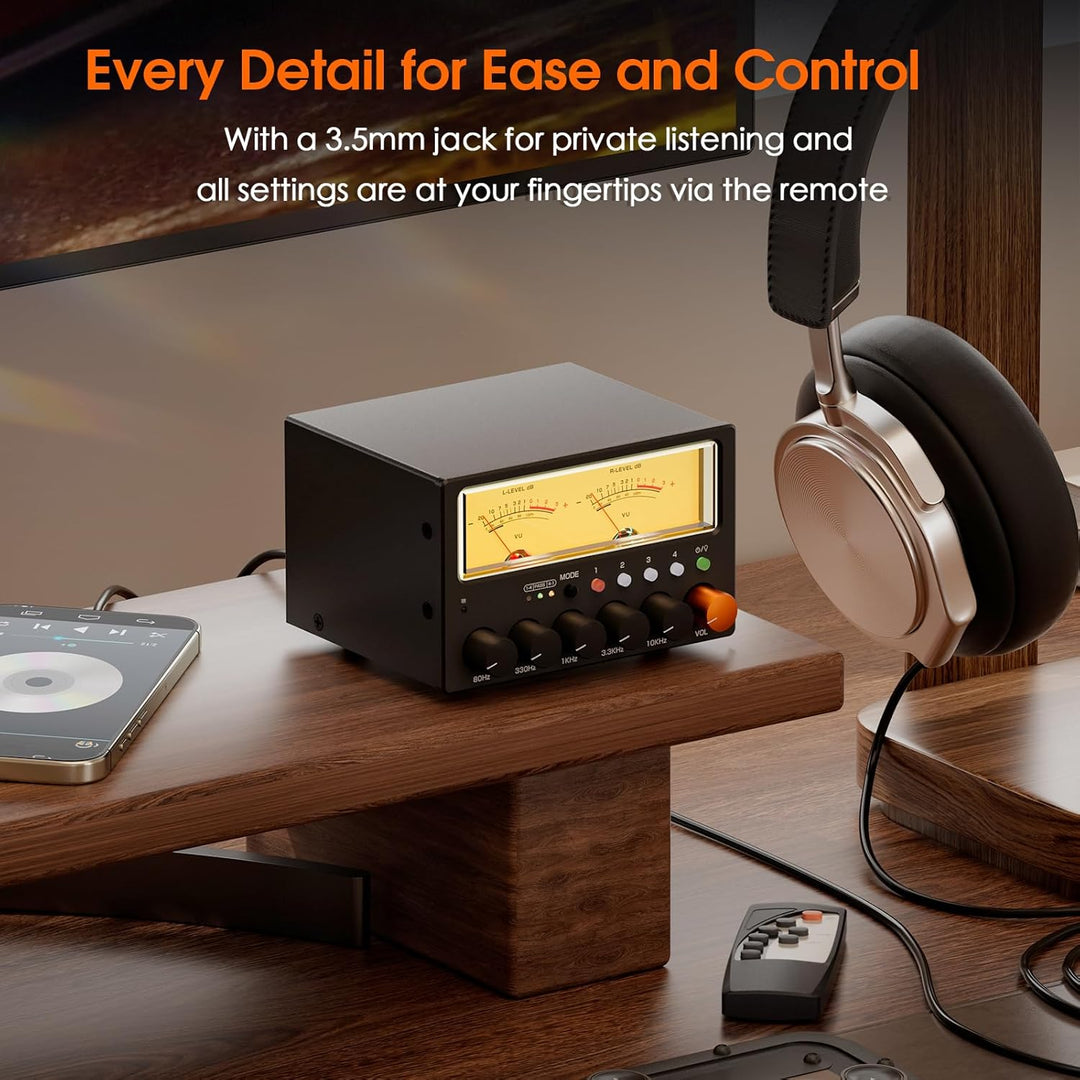 Nobsound D5 4-Wege Audioschalter: 5-Band HiFi Stereo EQ Vorverstärker und Cinch Splitter mit VU-Mete