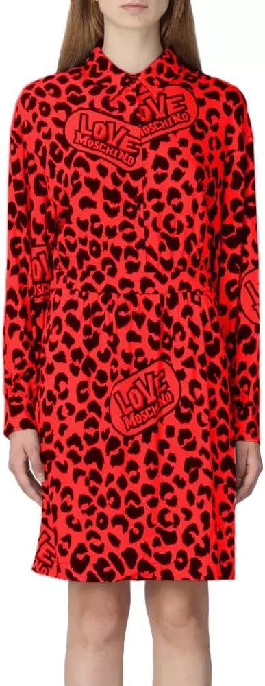 Love Moschino Damen Long Sleeves Shirt Fluid Stretch Viscose Fabric Dress 38 Red Black, 38 Red Black