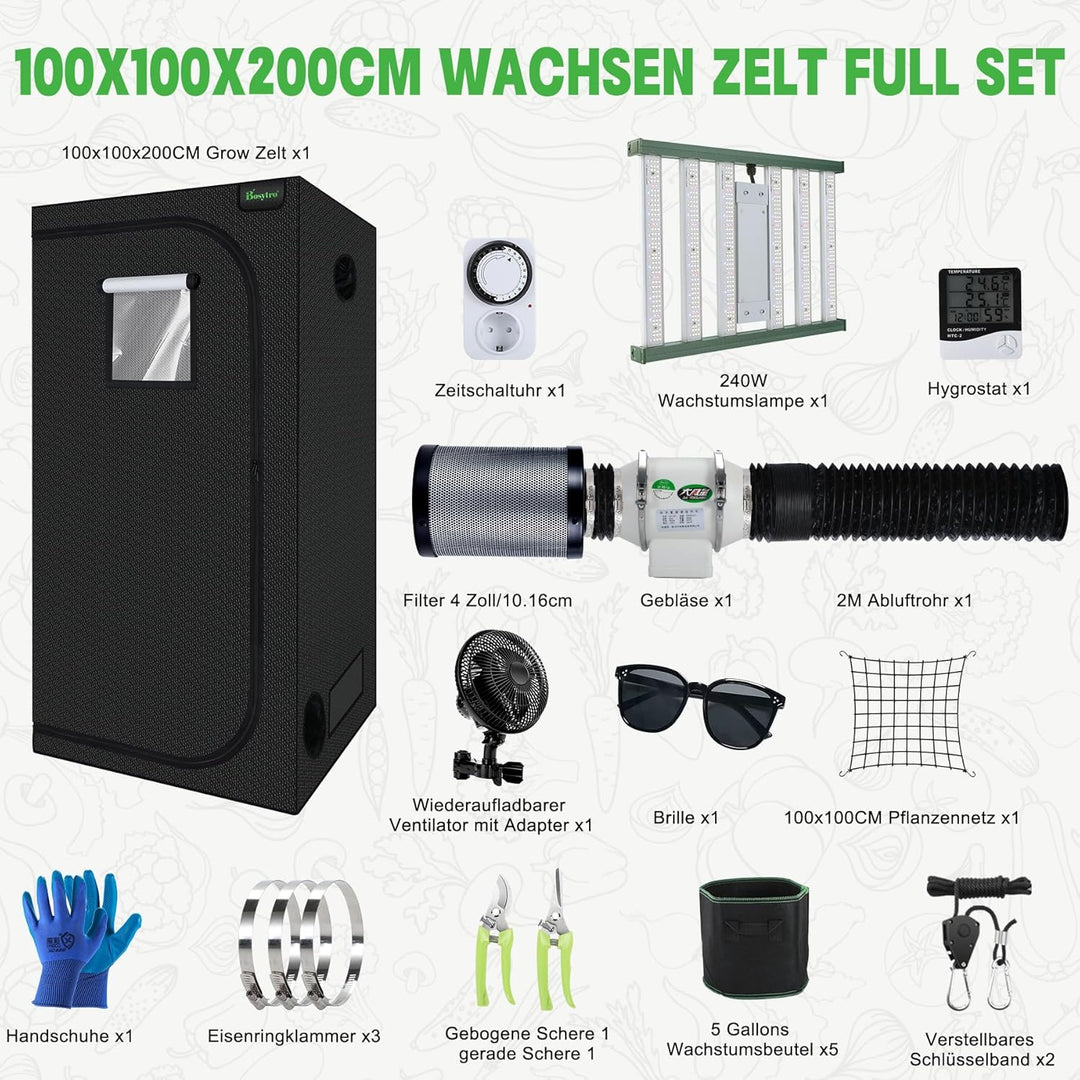Growzelt Komplettset,Led Grow Tent Kit,240W LED Grow Lampe Vollspektrum,Komplettes Hydroponics 600D