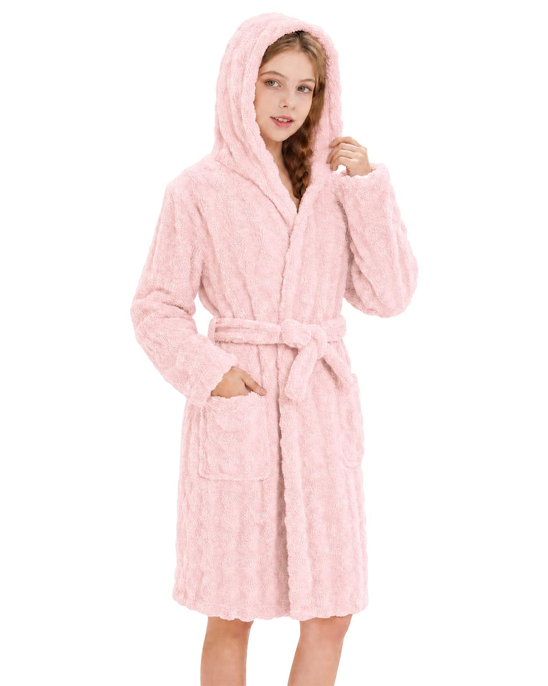 JiAmy Kinder Fleece Bademantel mit Kapuze | Weich Saugfähig kinderbademantel mit Taschen und Bindegü