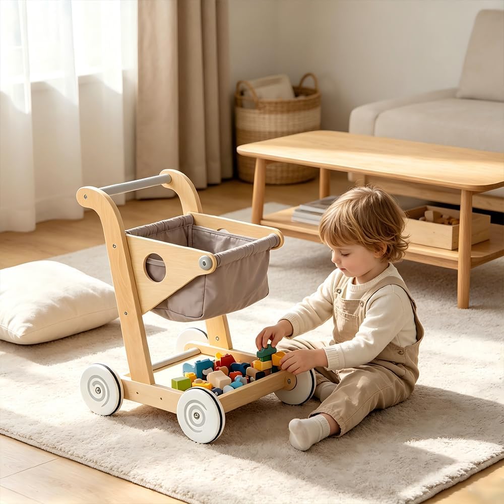Holz Kinder Einkaufswagen Spielzeug, Mini Einkaufswagen für Kinder mit Stoffkorb, Stabiler Laufwagen