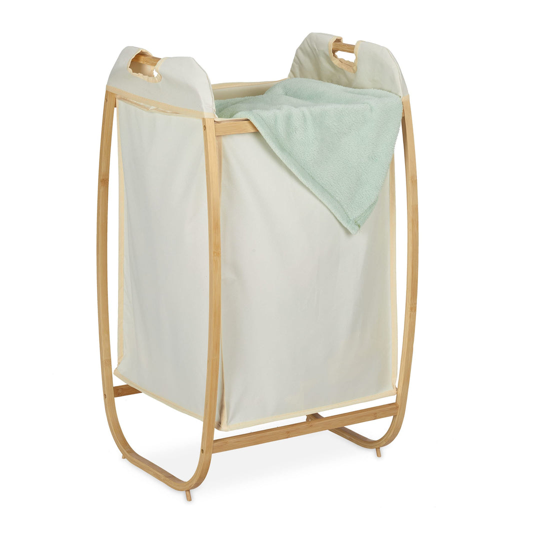 Relaxdays Wäschekorb mit Bambusgestell, ohne Deckel, HBT: 80 x 44 x 43 cm, 70 l Stoffbeutel, Wäsches
