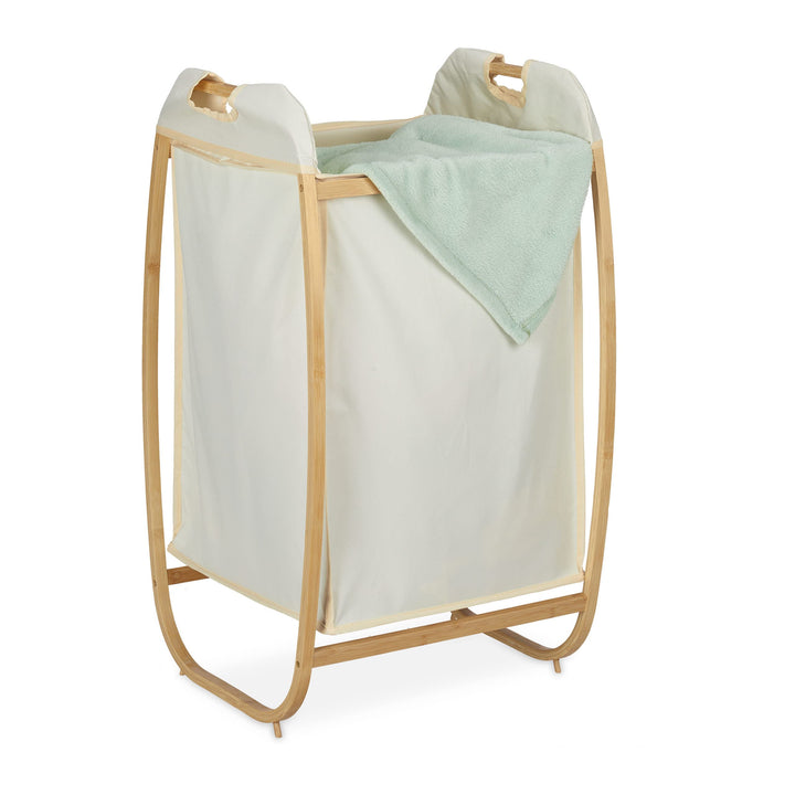 Relaxdays Wäschekorb mit Bambusgestell, ohne Deckel, HBT: 80 x 44 x 43 cm, 70 l Stoffbeutel, Wäsches