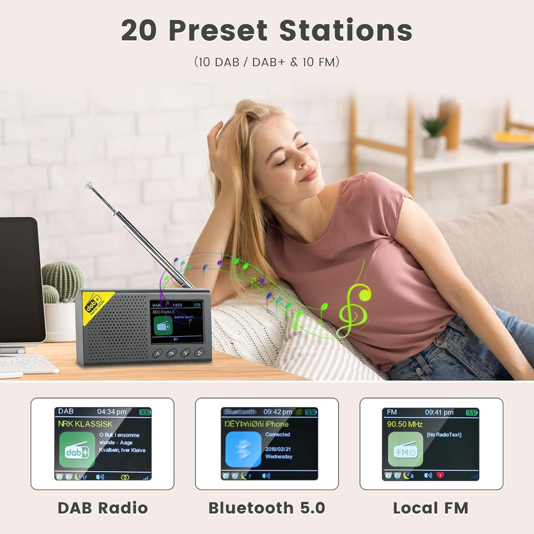 DAB DAB+ tragbares Radio, unterstützt Bluetooth, FM-Radio, Mehrfachanzeige der Uhrzeit, Doppelalarm,