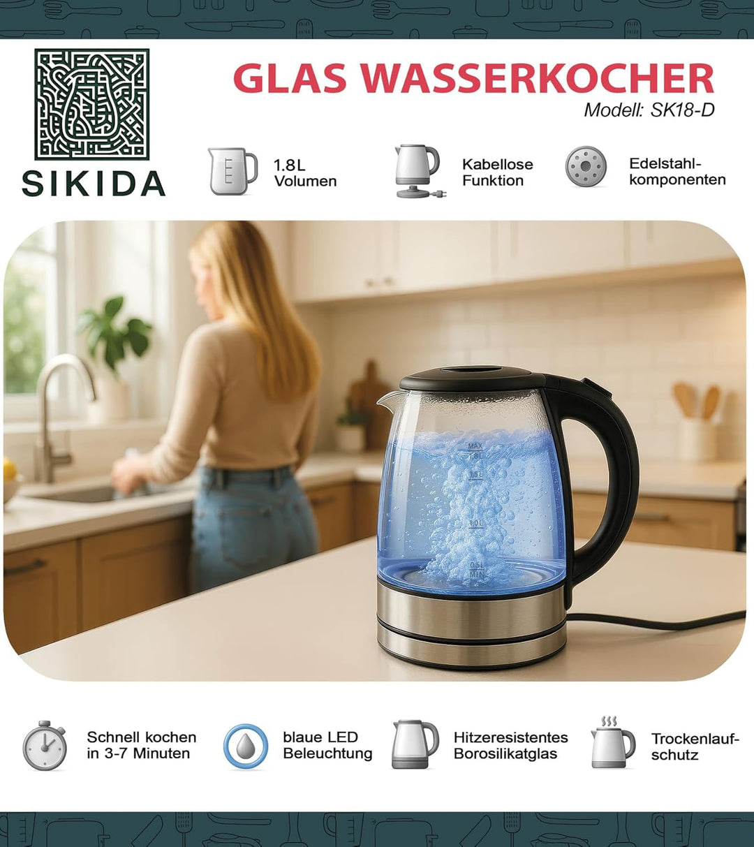 Glas Wasserkocher 1,8L - sehr leise - zertifiziert BPA-frei, 360° drehbare Basis, LED-Beleuchtung, B