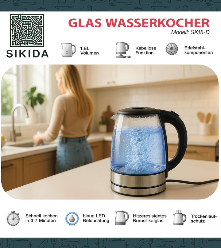 Glas Wasserkocher 1,8L - sehr leise - zertifiziert BPA-frei, 360° drehbare Basis, LED-Beleuchtung, B