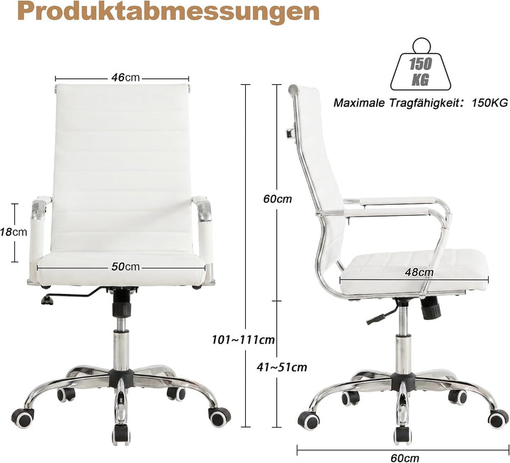 UEV Bürostuhl Leder 150kg belastbar mit Wippfunktion Ergonomisch weiss | Schreibtischstuhl mit Armle