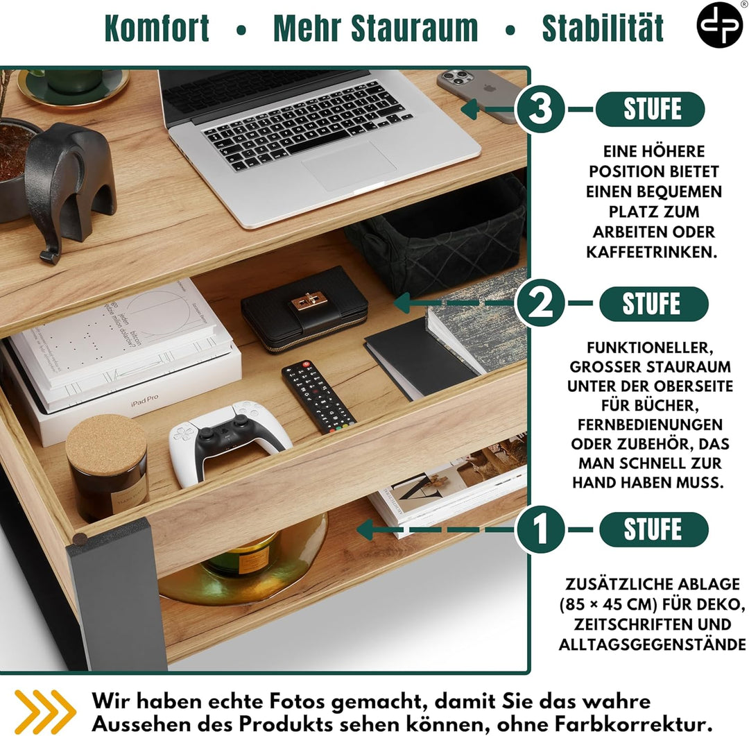 Couchtisch Höhenverstellbar mit Stauraum | Wohnzimmertisch Klappbar | Höhenverstellbarer Coffee Tabl