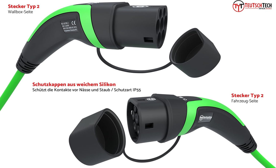 TEUTSCHTECH, EV Ladekabel grün I 5M I TYP2 - TYP2 I 22kW I 3X32A I 3-phasig I Mit Lade- Temperaturüb
