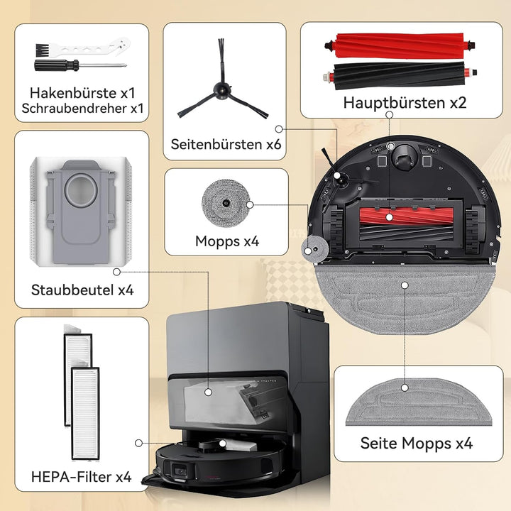 26 Stück Zubehörset für Roborock S8 MaxV Ultra – 2 Hauptbürsten, 4 Staubbeutel, 4 HEPA-Filter, 6 Sei