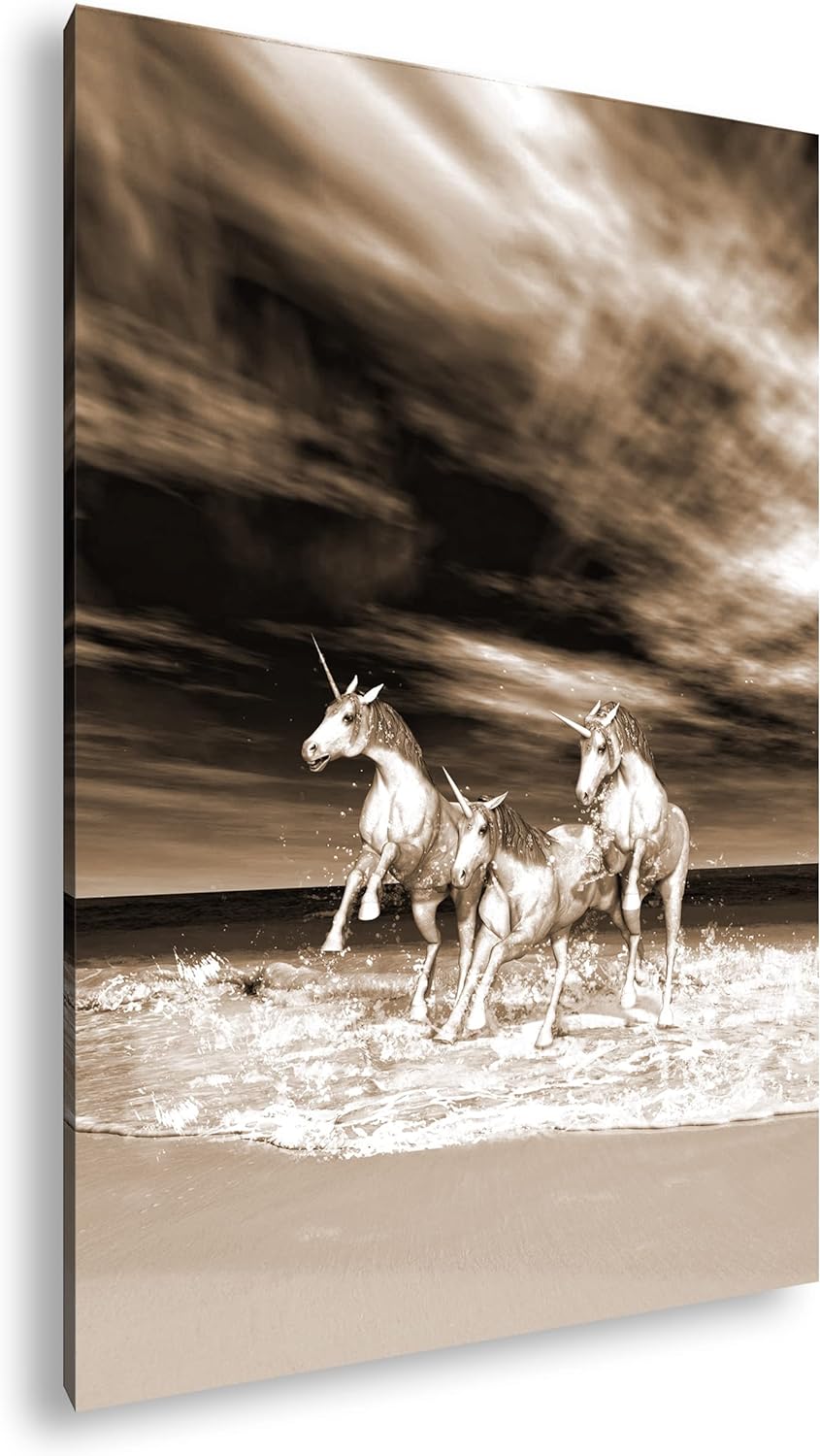 deyoli galoppierende Einhörner am Strand Format: 80x60 Effekt: Sepia als Leinwandbild, Motiv fertig